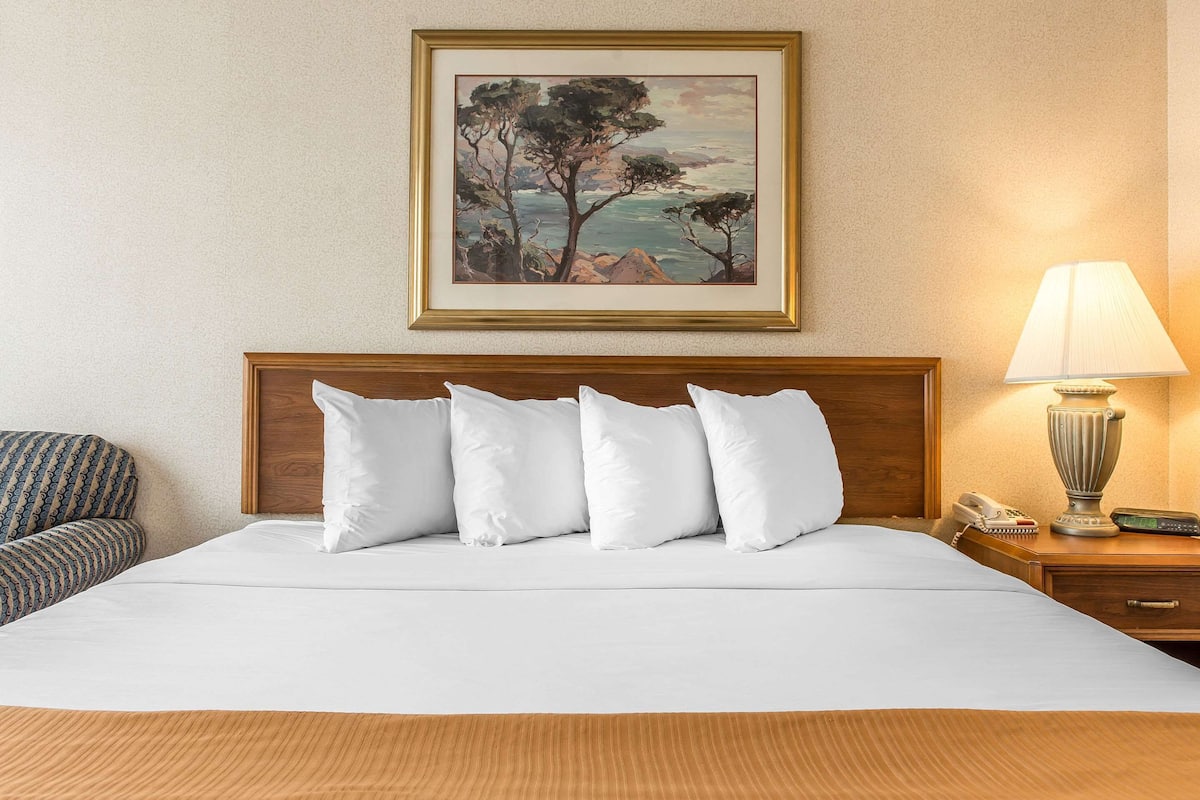 A hotel room with a bed, a painting on the wall, a lamp, and a telephone on the nightstand.