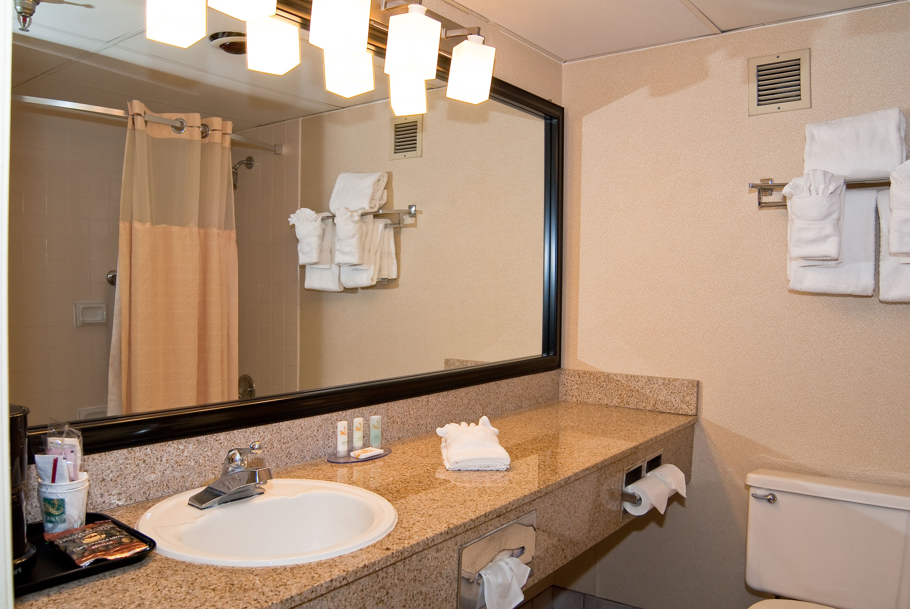 Baño con lavamanos, espejo, toallero y retrete.