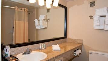 Baño con lavamanos, espejo, toallero y retrete.