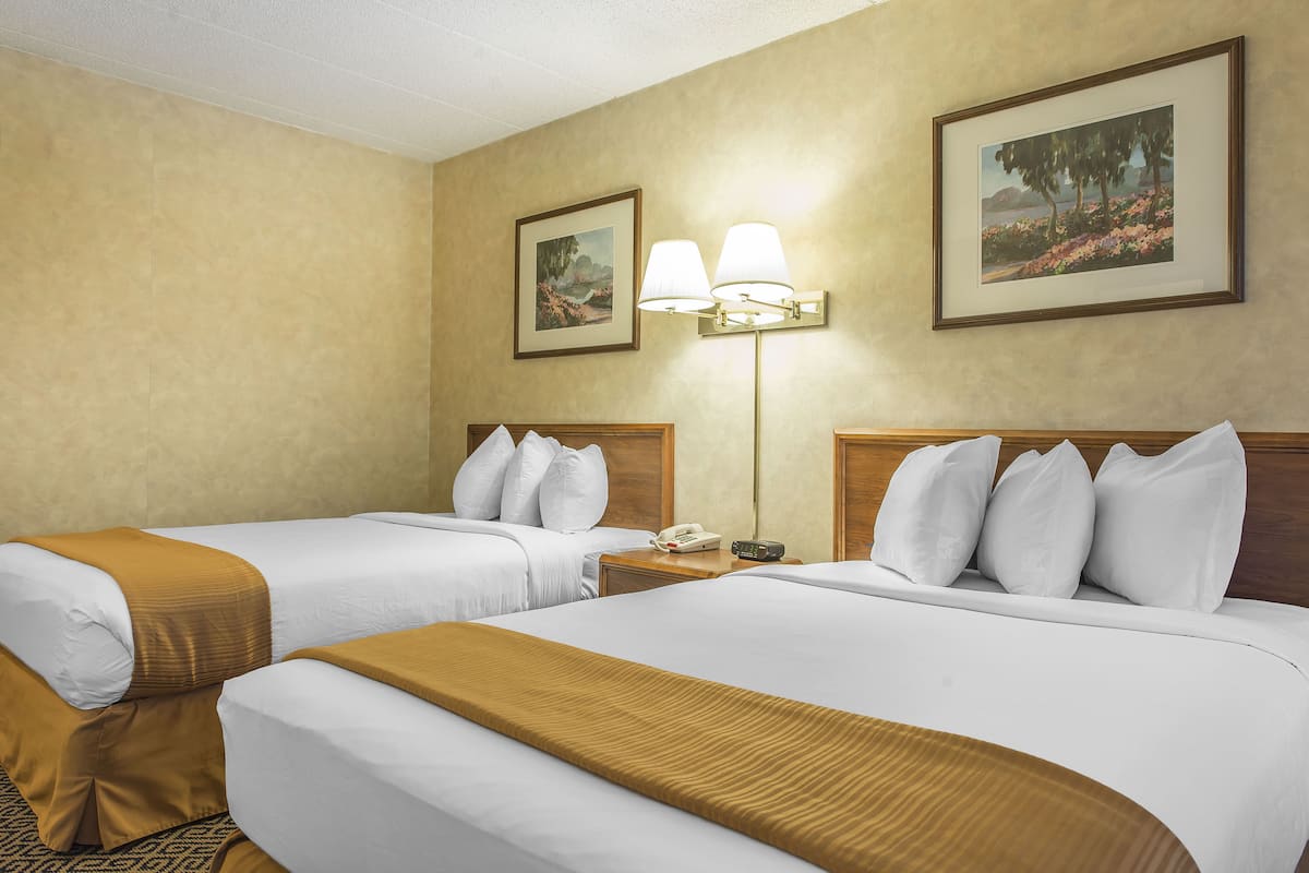 A hotel room with two beds, a nightstand, a lamp, and two framed pictures on the wall.
