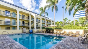 Outdoor pool, open 9:00 AM to 9:00 PM, pool umbrellas, sun loungers