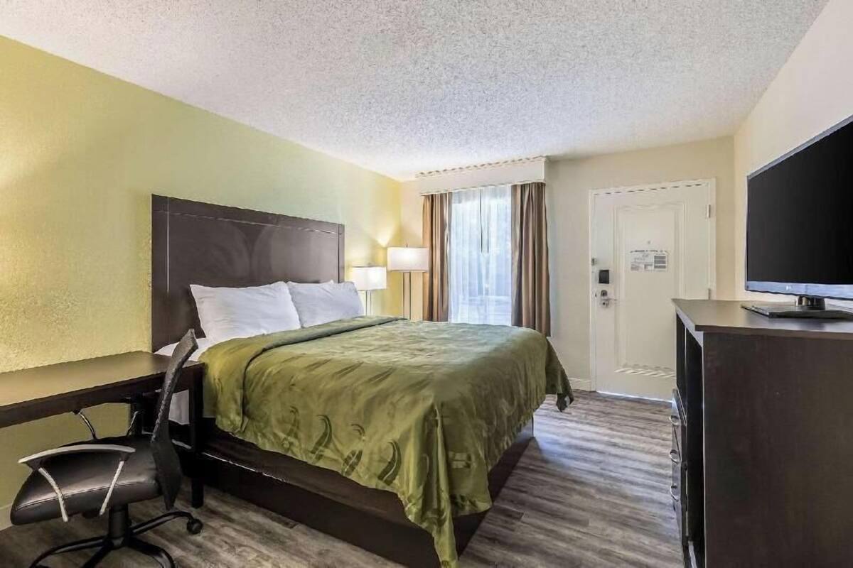 Une chambre d’hôtel avec un lit, un bureau, une chaise, une télévision et une porte.
