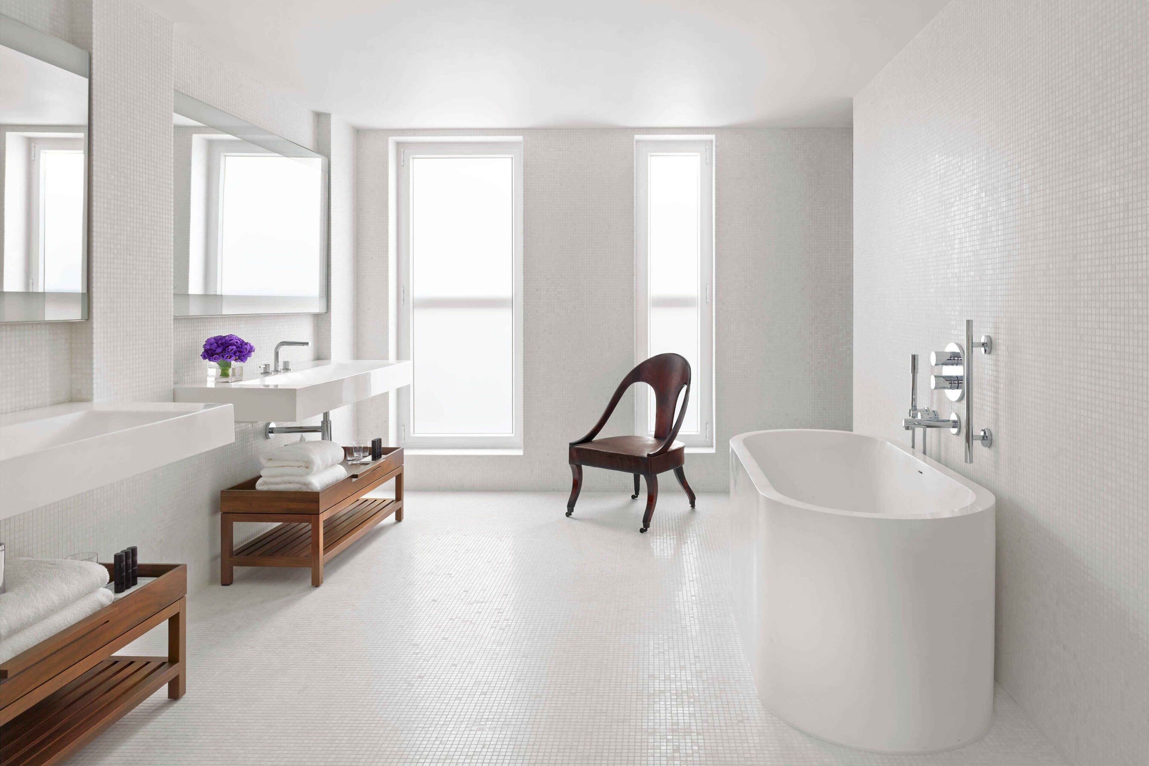 rainfall showerhead, designer toiletries, hair dryer, bathrobes