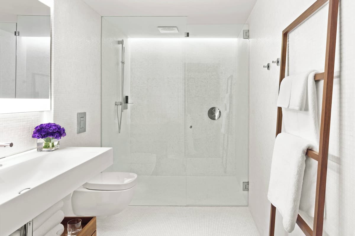Rainfall showerhead, designer toiletries, hair dryer, bathrobes