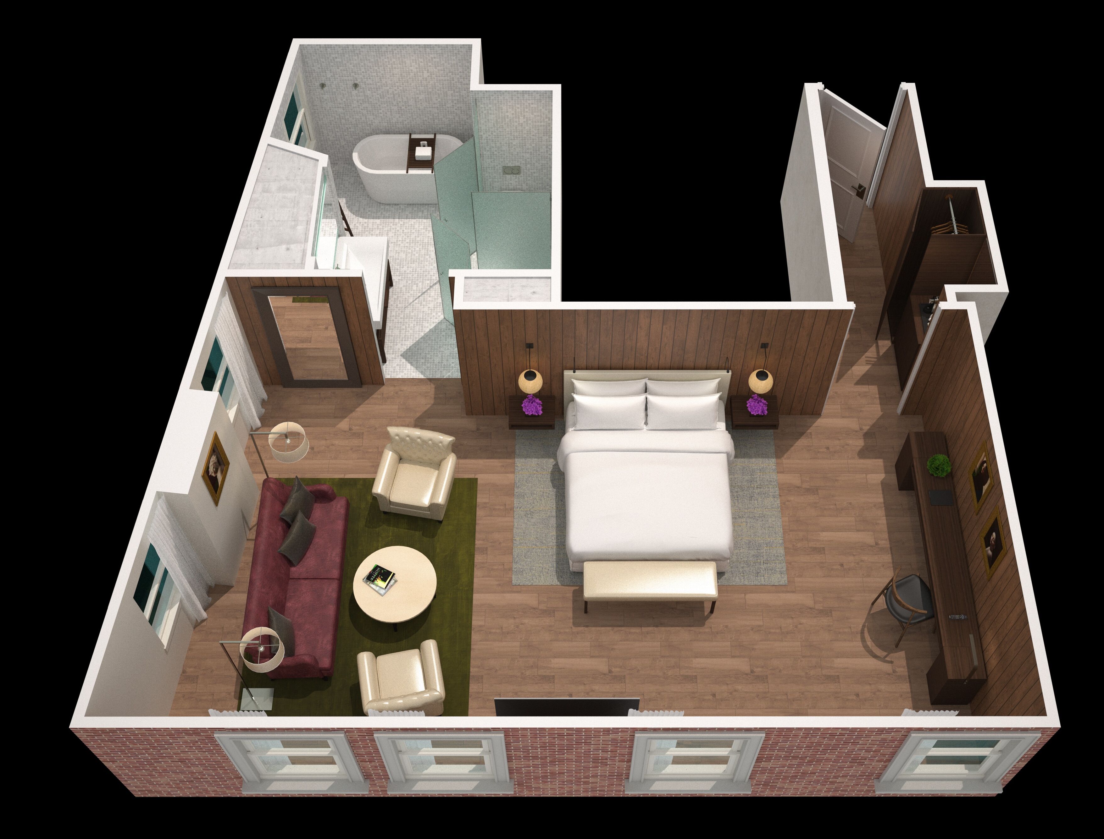 Pianta 3D di una camera d'albergo con letto, zona salotto, bagno e un piccolo balcone.