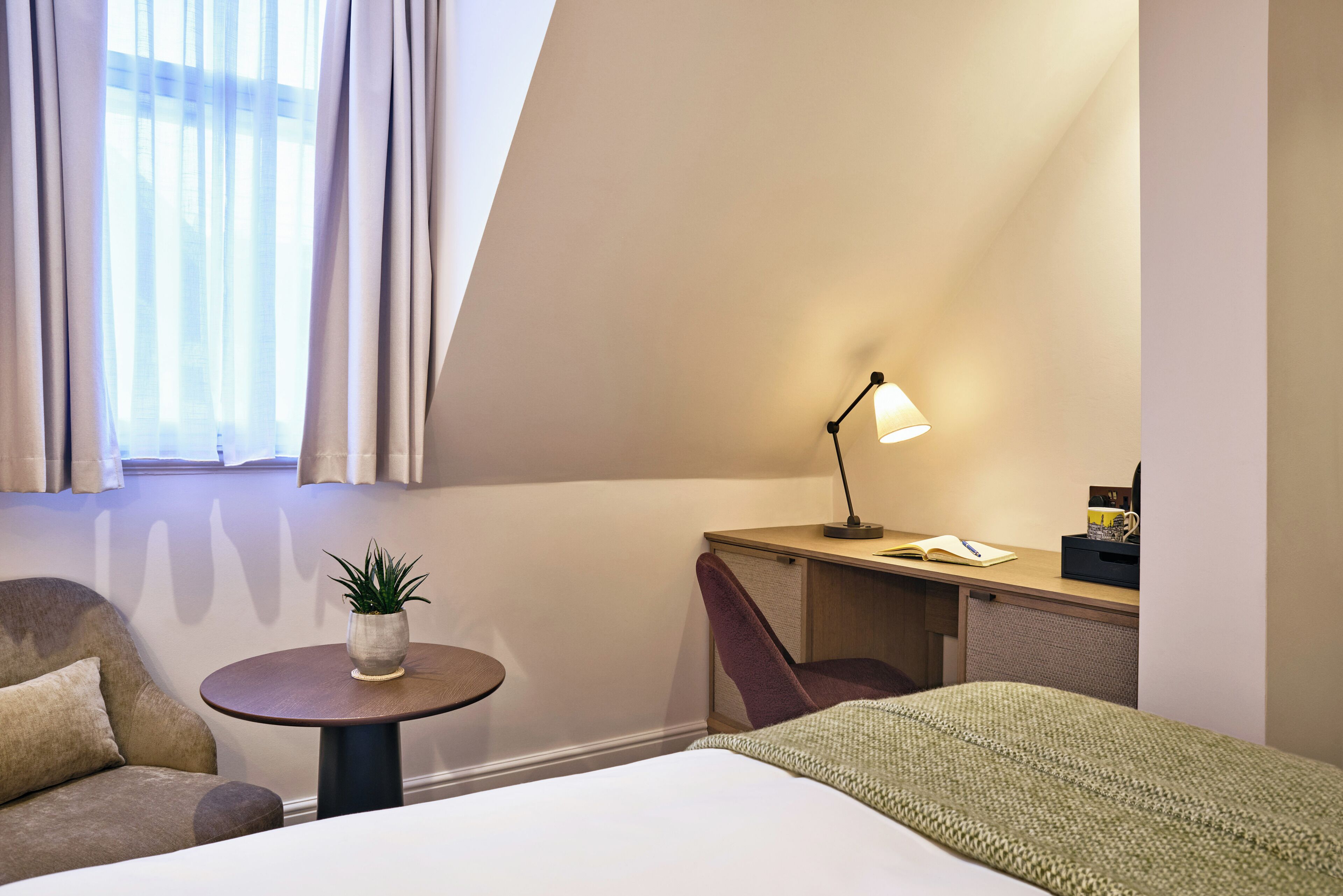 A hotel room with a bed, a desk, a chair, a small table with a plant, and a lamp.