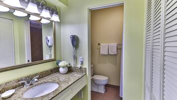 Combined shower/bathtub, free toiletries, hair dryer, towels