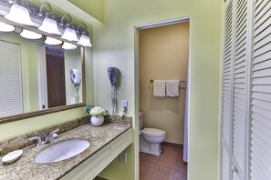 Combined shower/bathtub, free toiletries, hair dryer, towels