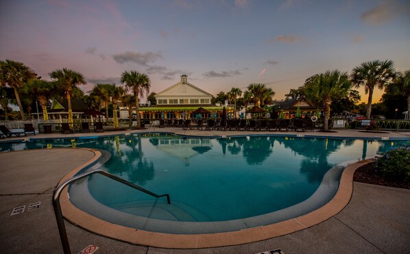Outdoor pool, pool umbrellas, pool loungers