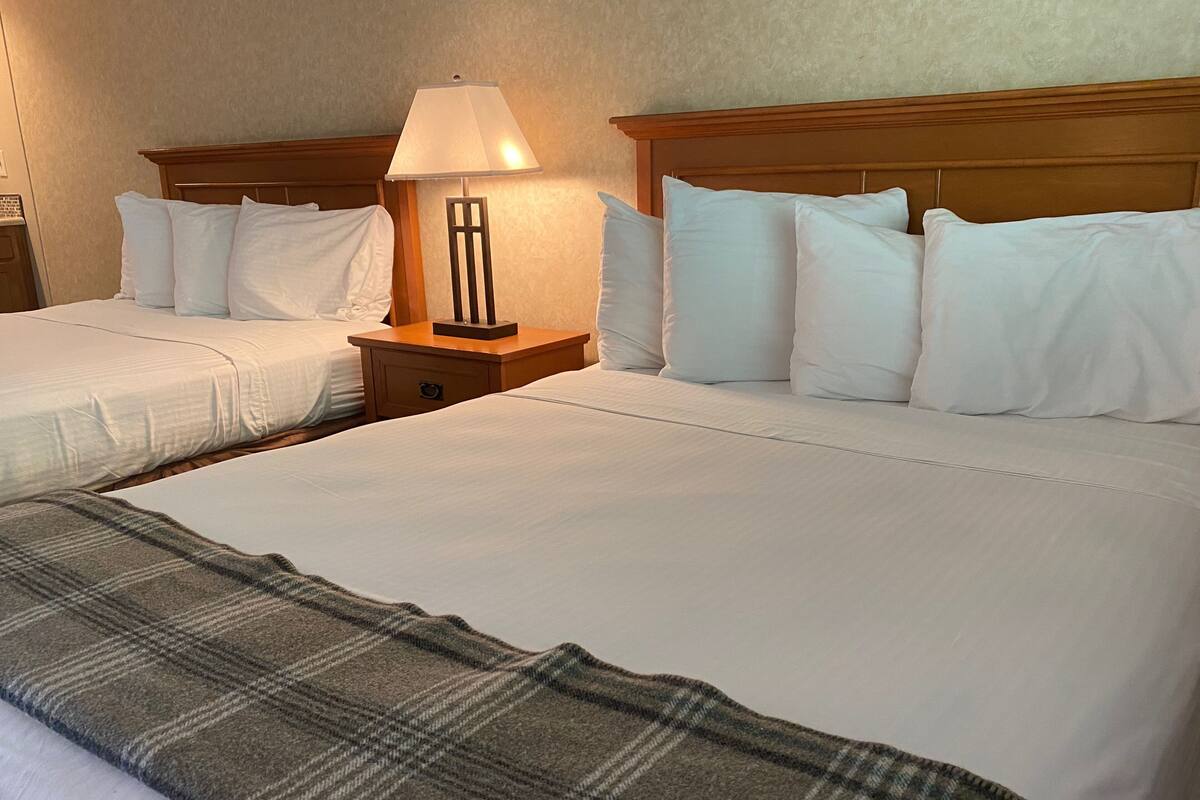Una camera d'albergo con due letti, entrambi con lenzuola e cuscini bianchi. Tra i letti, un comodino in legno con una lampada.