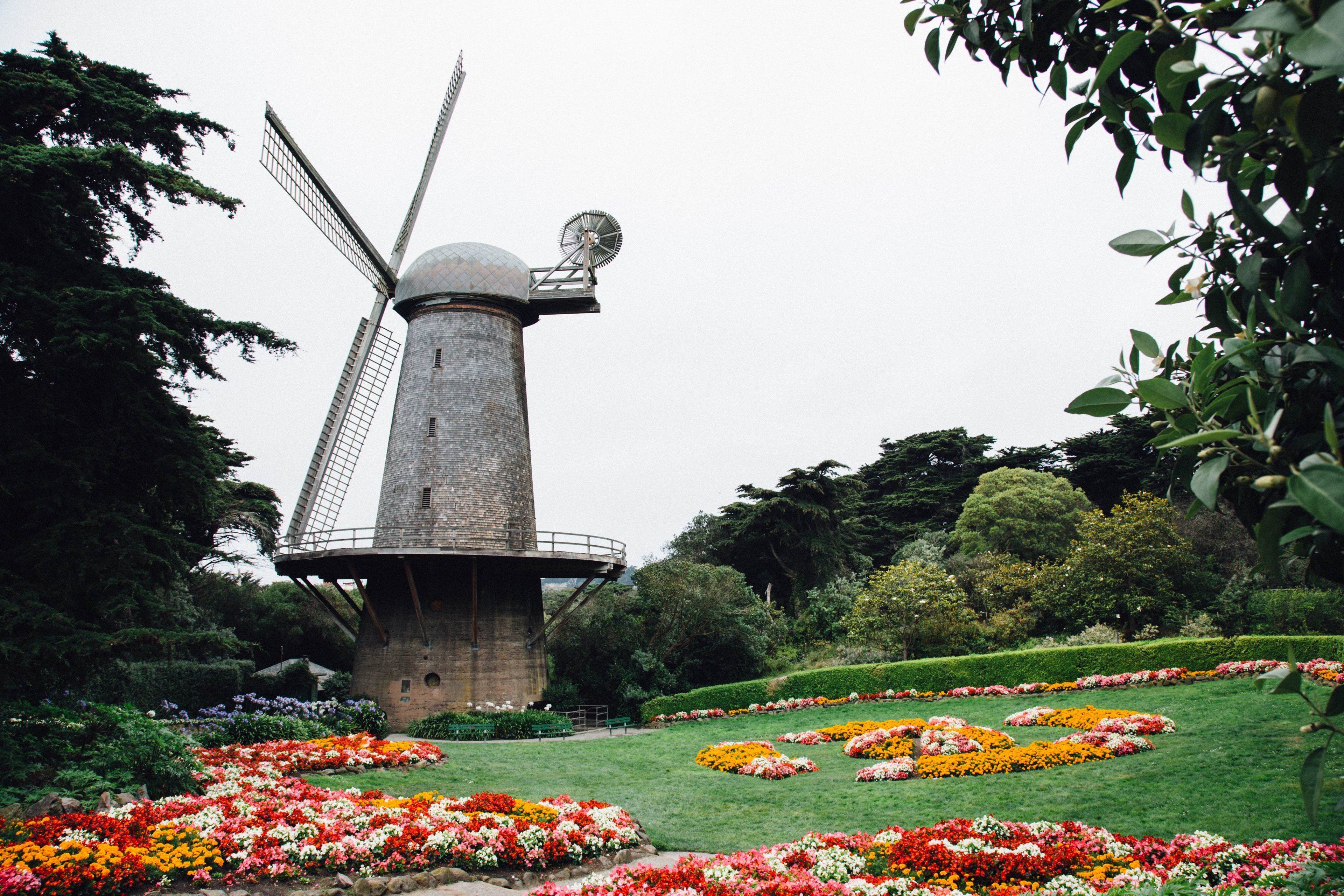 A windmill surrounded by a well-maintained garden with various flower beds.