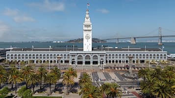 A large white building with a clock tower, palm trees in the foreground, and a bridge in the background.
