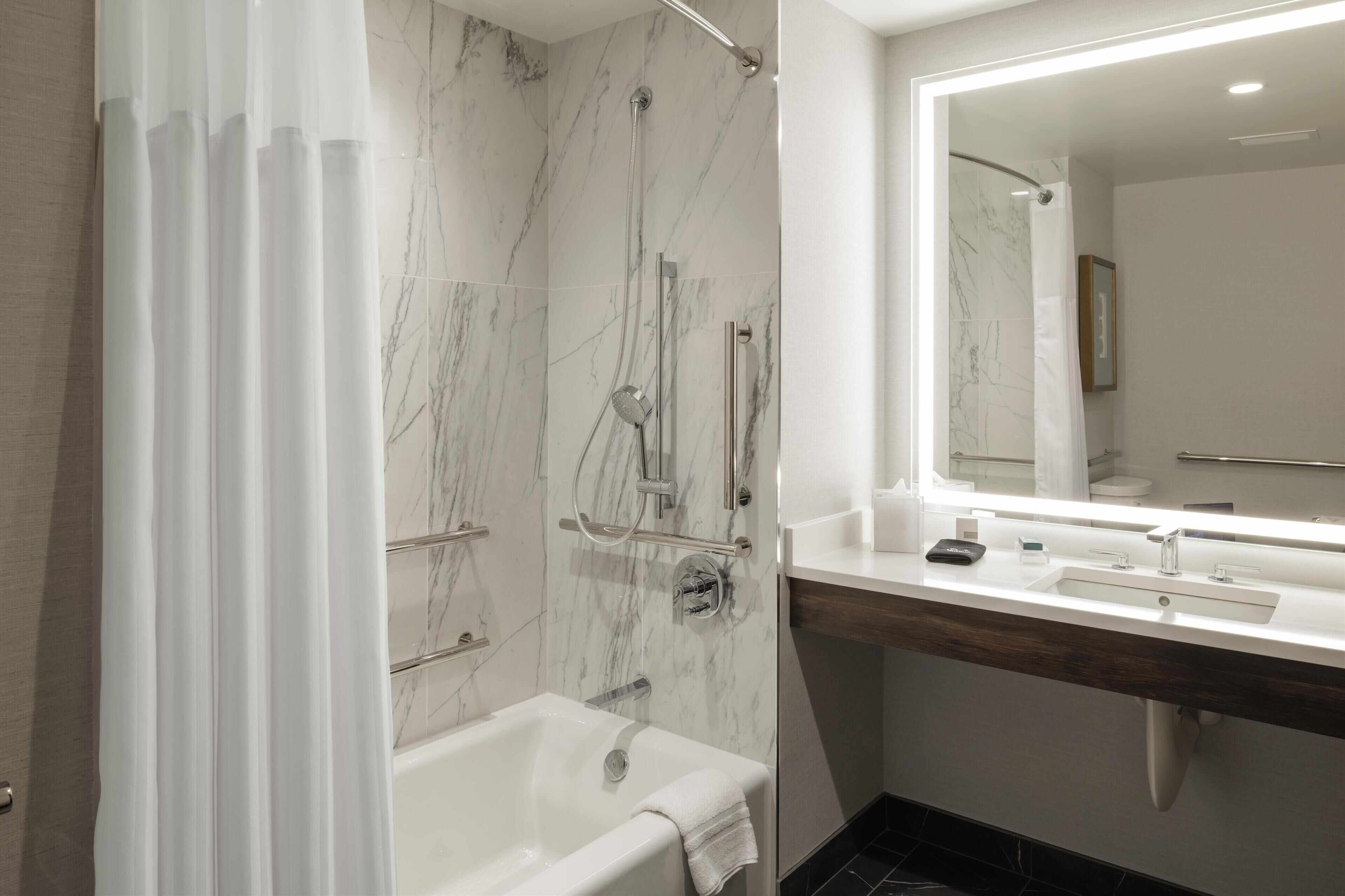 Hair dryer, towels, soap, shampoo