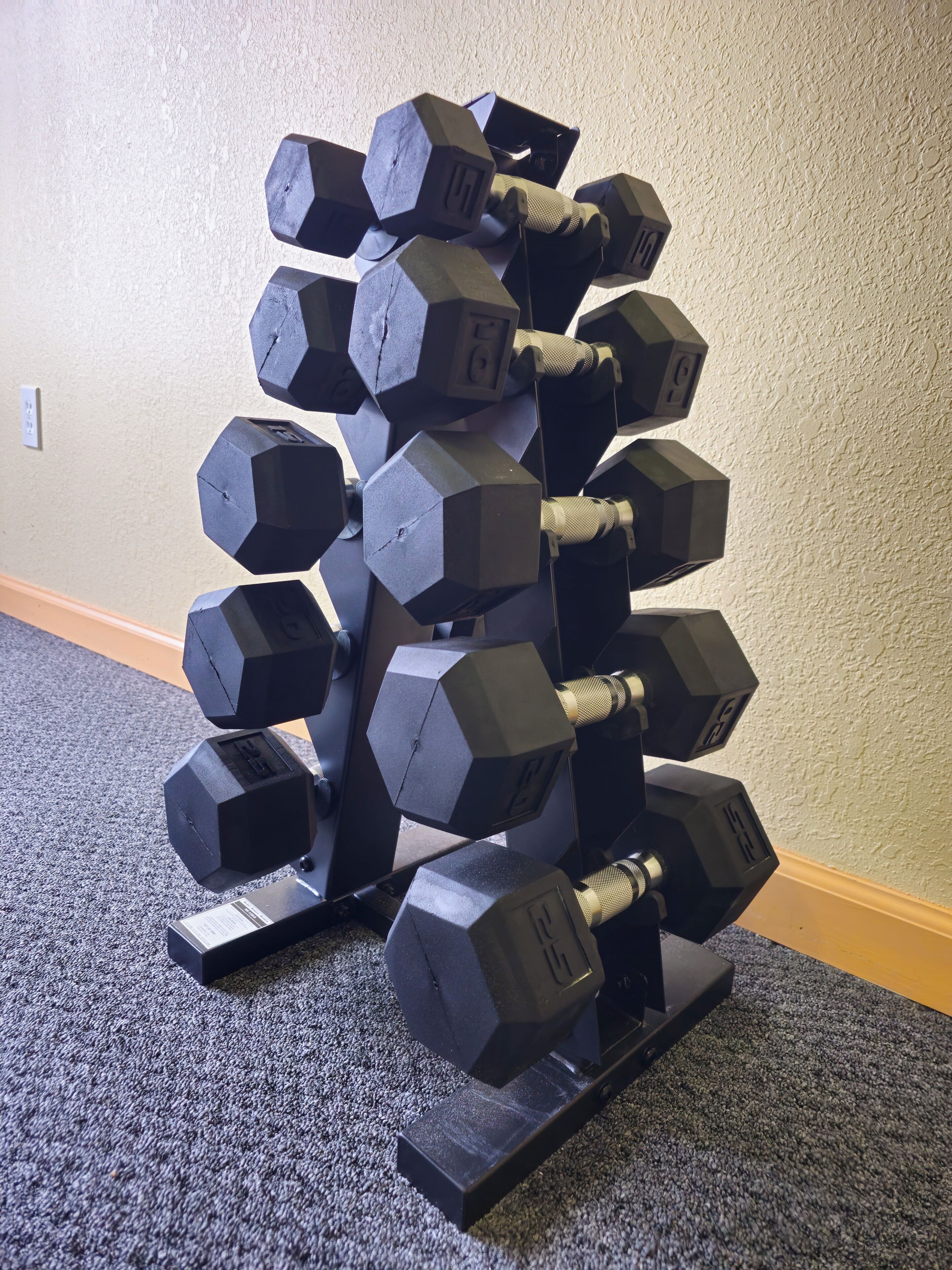A wall-mounted rack holding multiple dumbbells.