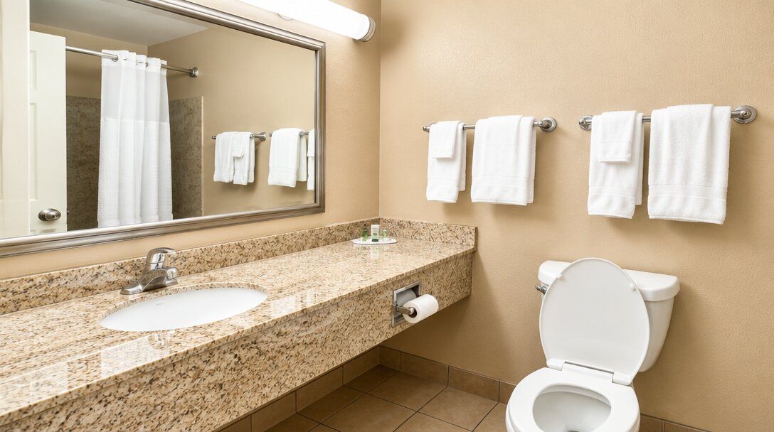 Un bagno con lavabo su piano in granito, uno specchio, un water e diversi asciugamani bianchi su un porta-asciugamani.