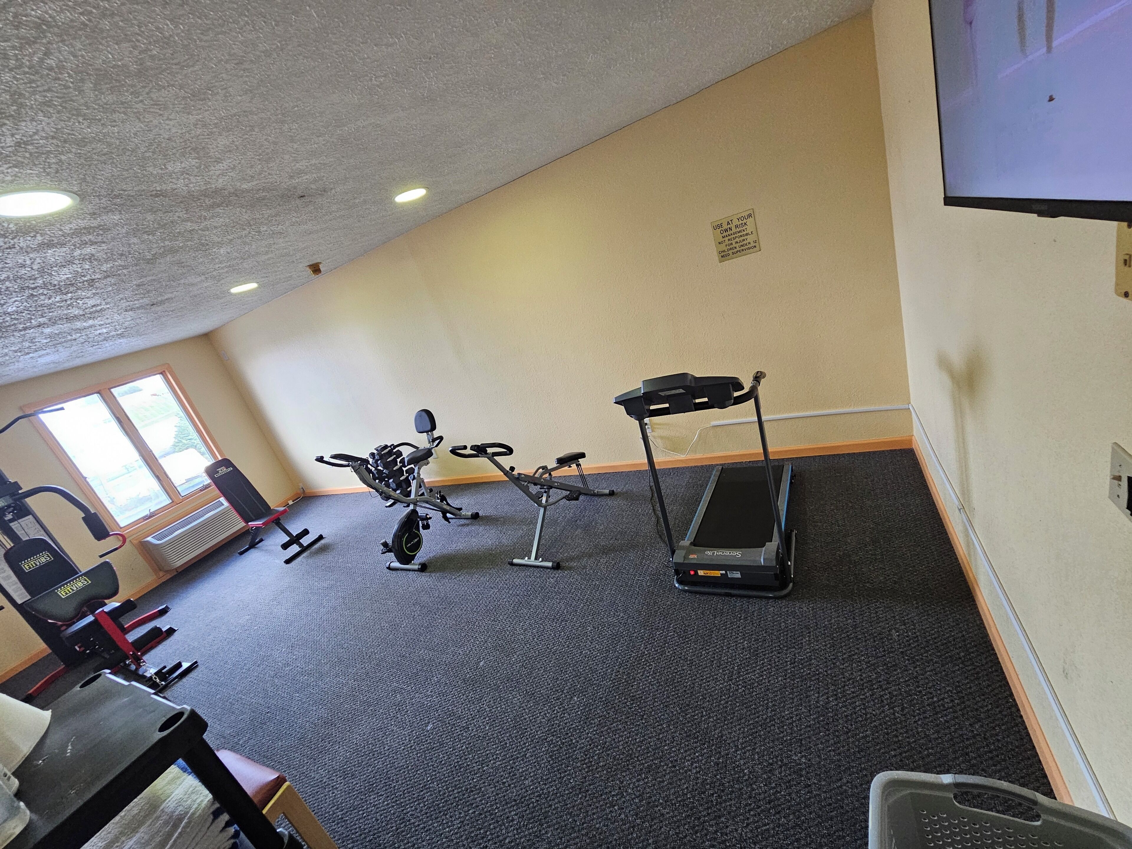 A gym with cardio equipment, a treadmill, and weight machines.