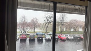 A view through a window of a parking lot with several cars, trees, and a bridge in the background. - Hotel Hanna (Harrisburg)