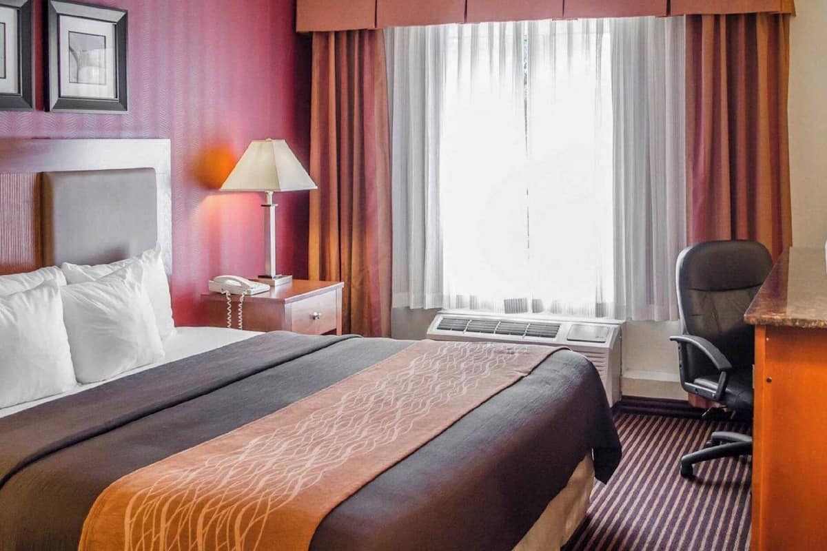 Een hotelkamer met een bed, een bureau, een stoel, een lamp en een raam met gordijnen.