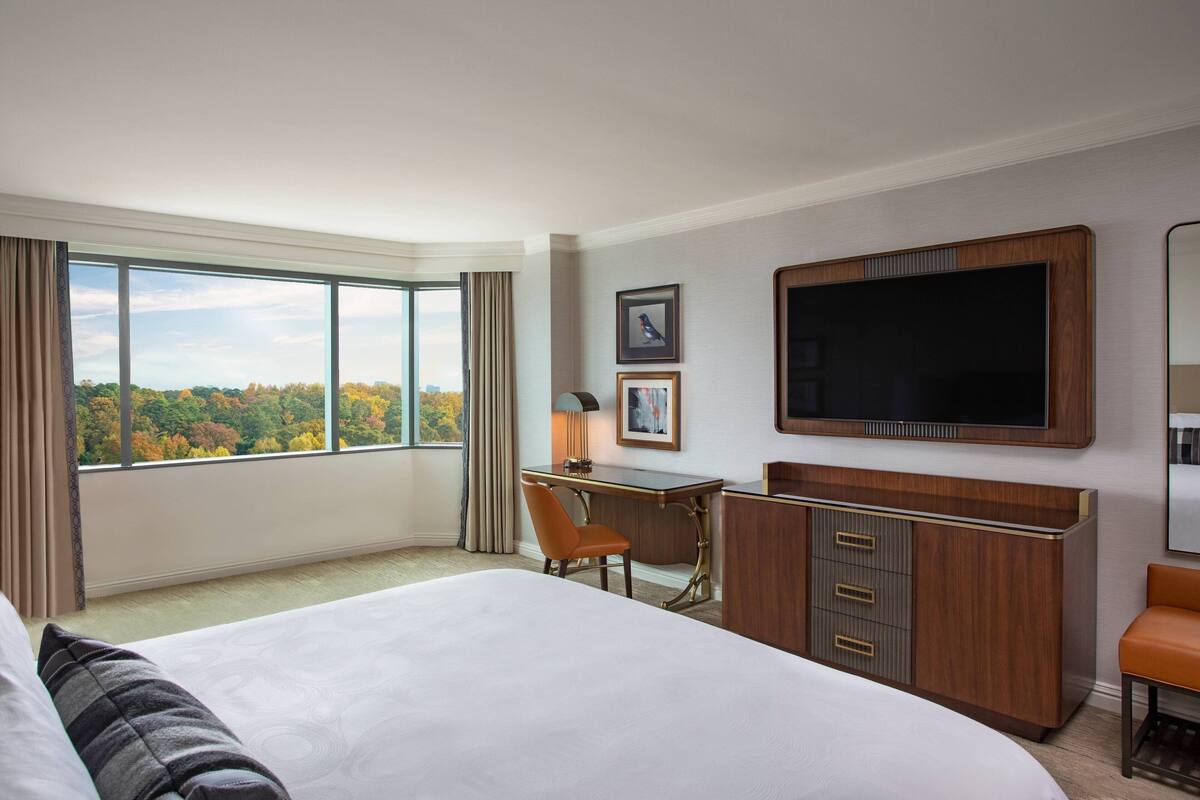 A hotel room with a large bed, a desk, a TV, and a view of autumn trees.