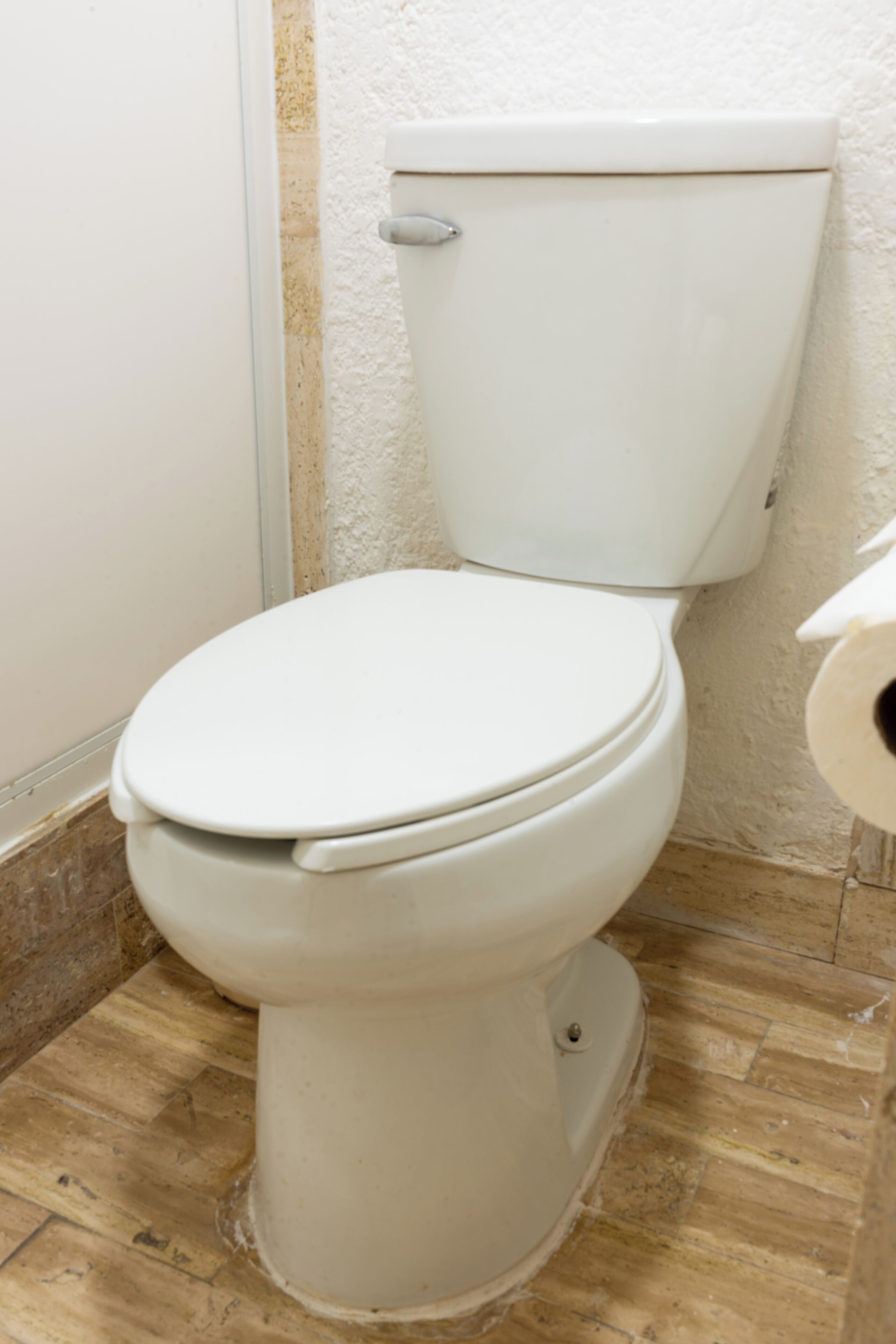 Un inodoro blanco en un baño con piso de baldosas y pared texturizada.