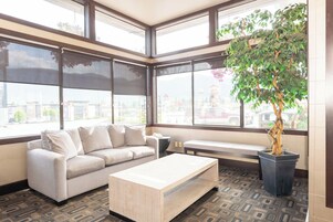 A corner room with a sofa, a coffee table, a potted plant, and large windows offering a view of the outside.