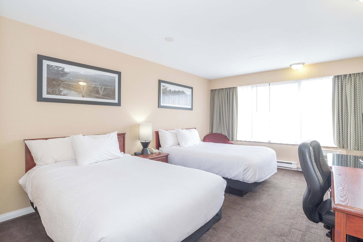 Habitación de hotel con dos camas, un escritorio y una silla. Hay dos cuadros en la pared, una ventana con cortinas y una lámpara en el techo.