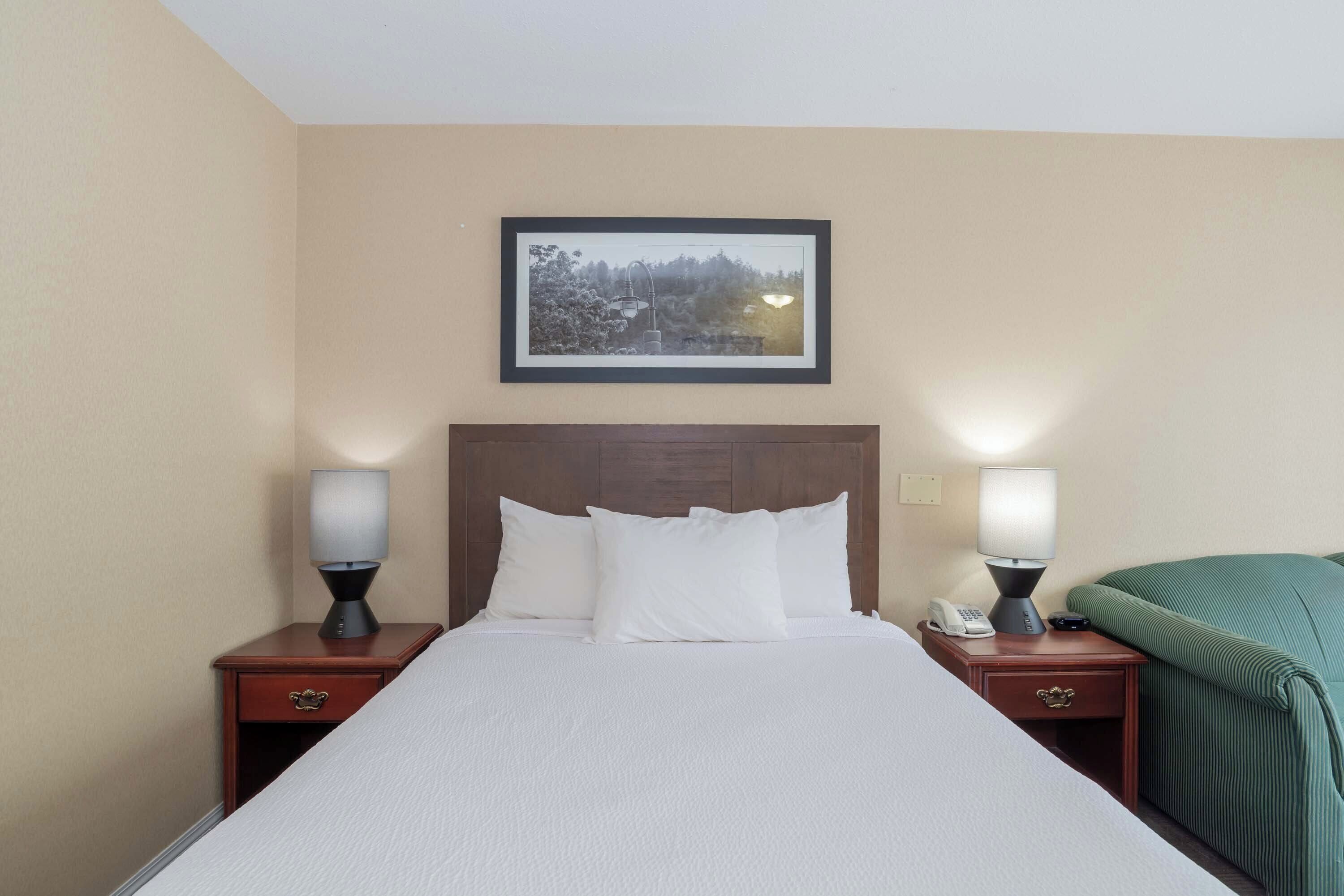 Una habitación de hotel con una cama grande, dos mesitas de noche con lámparas, un cuadro en la pared y una manta verde sobre la cama.
