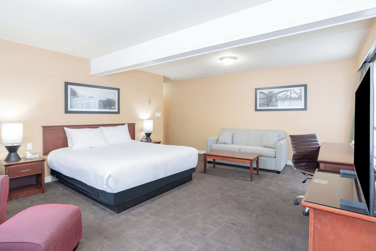 Una habitación de hotel con cama, sofá, escritorio y televisión.