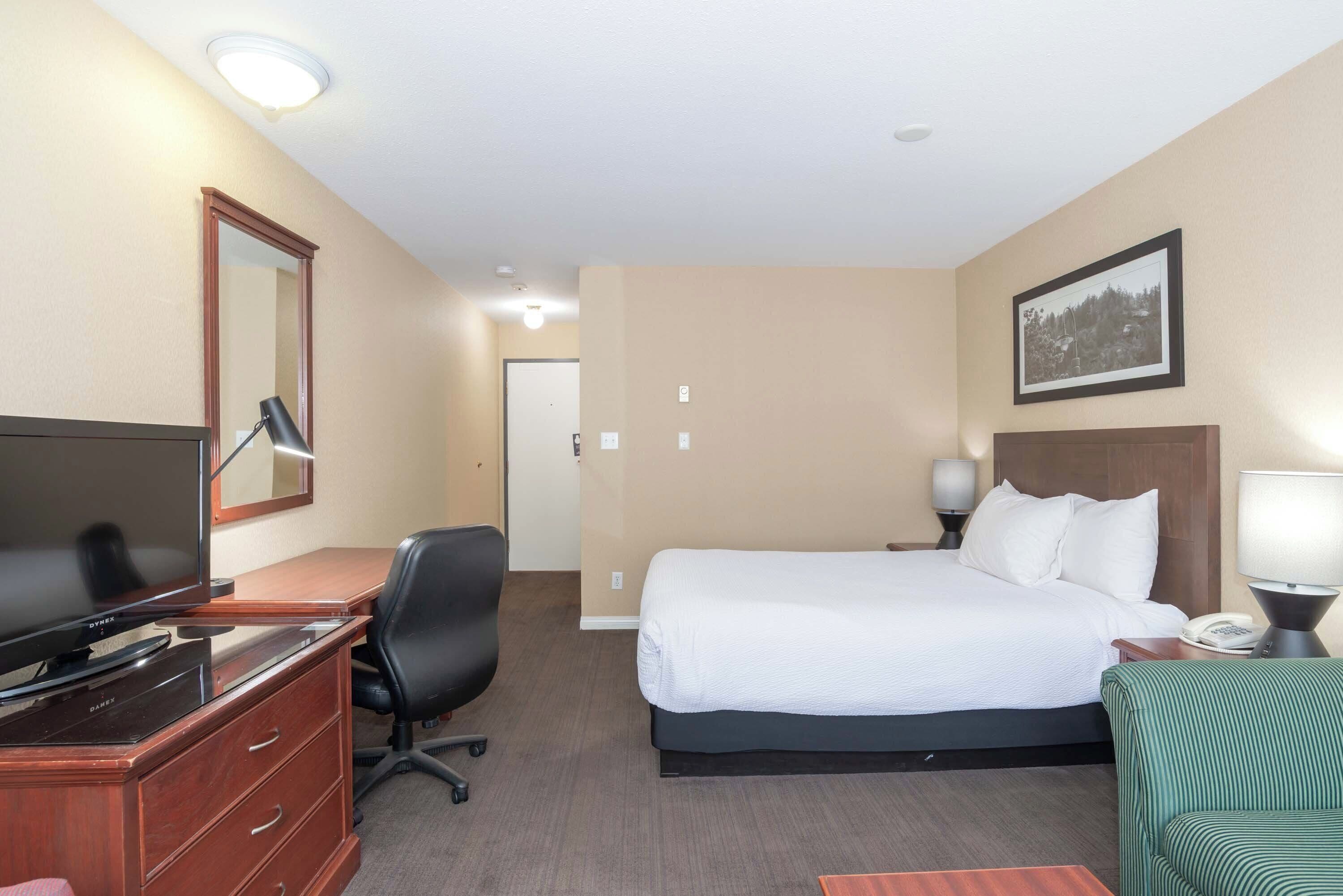 A hotel room with a bed, desk, chair, TV, and a framed picture on the wall.