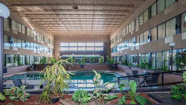 Zona de piscina interior àmplia amb un sostre amb dibuix geomètric, envoltada de plantes i zones d'estar.