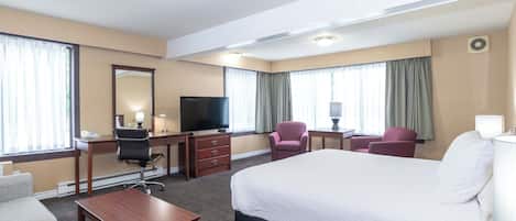 Habitación de hotel con una cama grande, un escritorio con silla, un televisor y dos sillones.