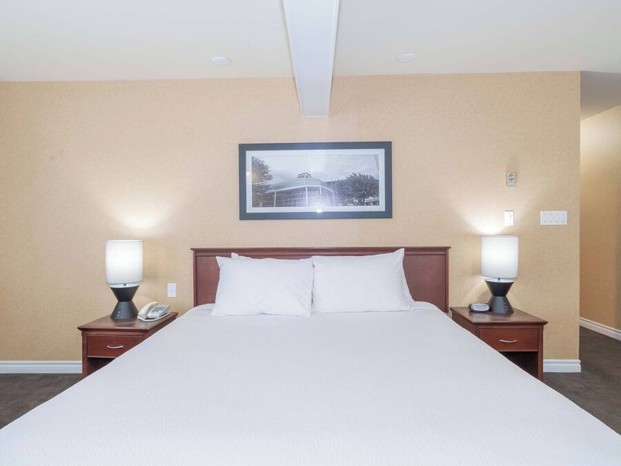Una habitación de hotel con una cama grande, dos mesitas de noche con lámparas, un cuadro enmarcado en la pared y una pared beige lisa.