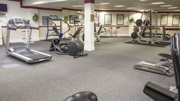 Een fitnessruimte met loopbanden, elliptische trainers en gewichten.