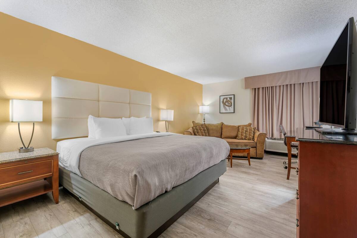 Une chambre d’hôtel avec un grand lit, un bureau, une chaise, un canapé et une télévision.