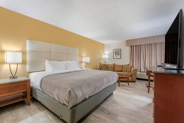 A hotel room with a large bed, a desk, a chair, a sofa, and a TV.