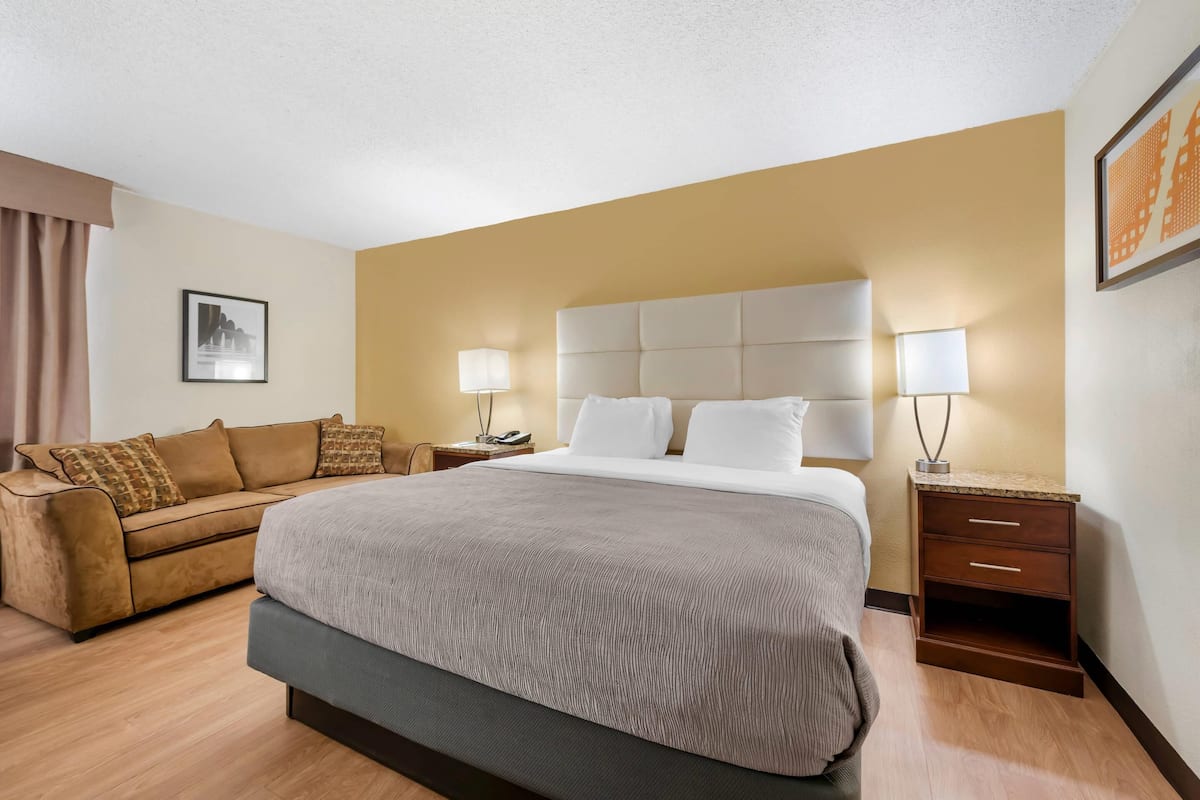 Une chambre d’hôtel avec un grand lit, un canapé, une table de chevet avec une lampe et un tableau encadré au mur.