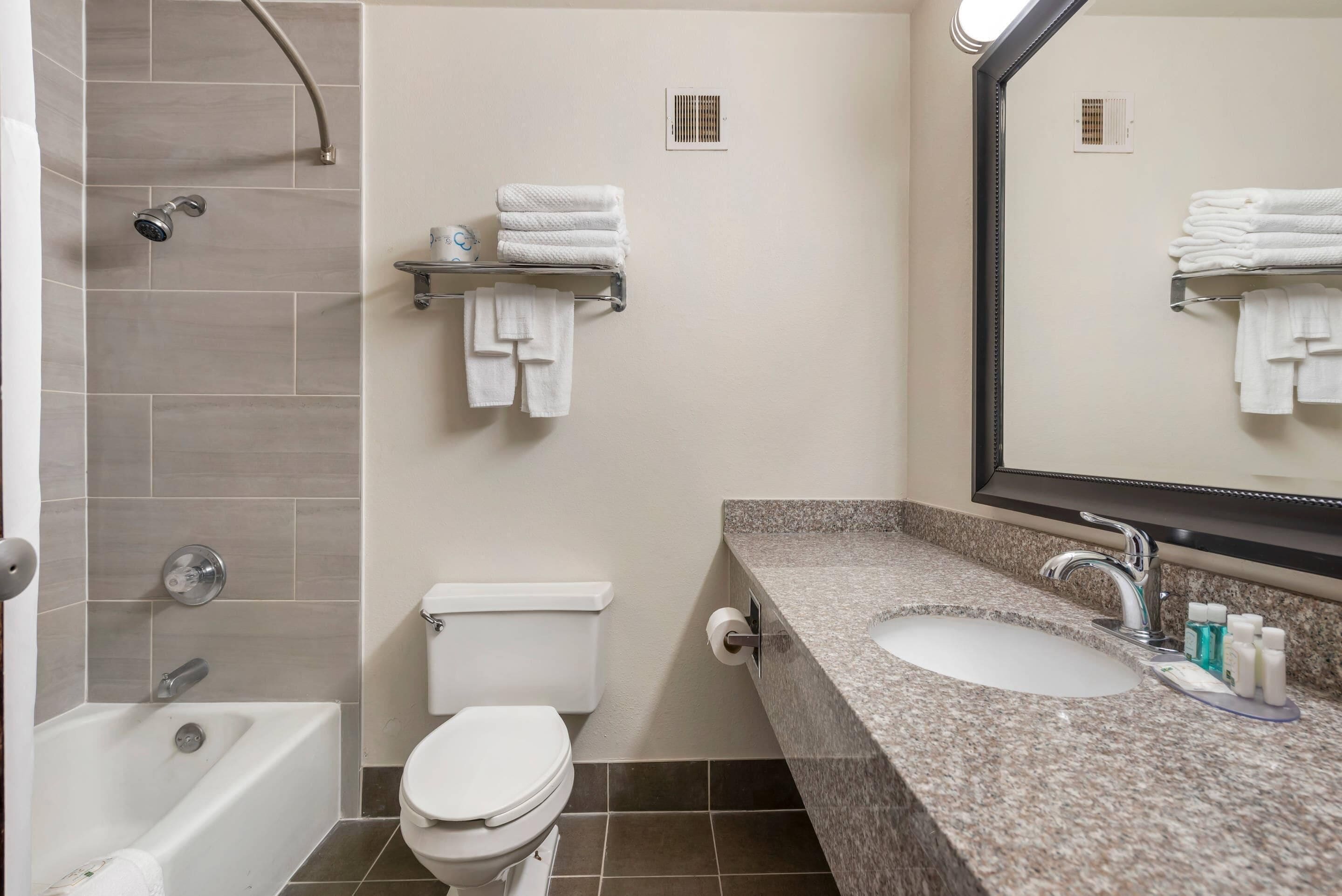 A bathroom with a bathtub, toilet, sink, and mirror.