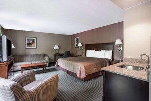 Una habitación de hotel con cama, sofá, escritorio, televisor, lámpara y lavamanos.