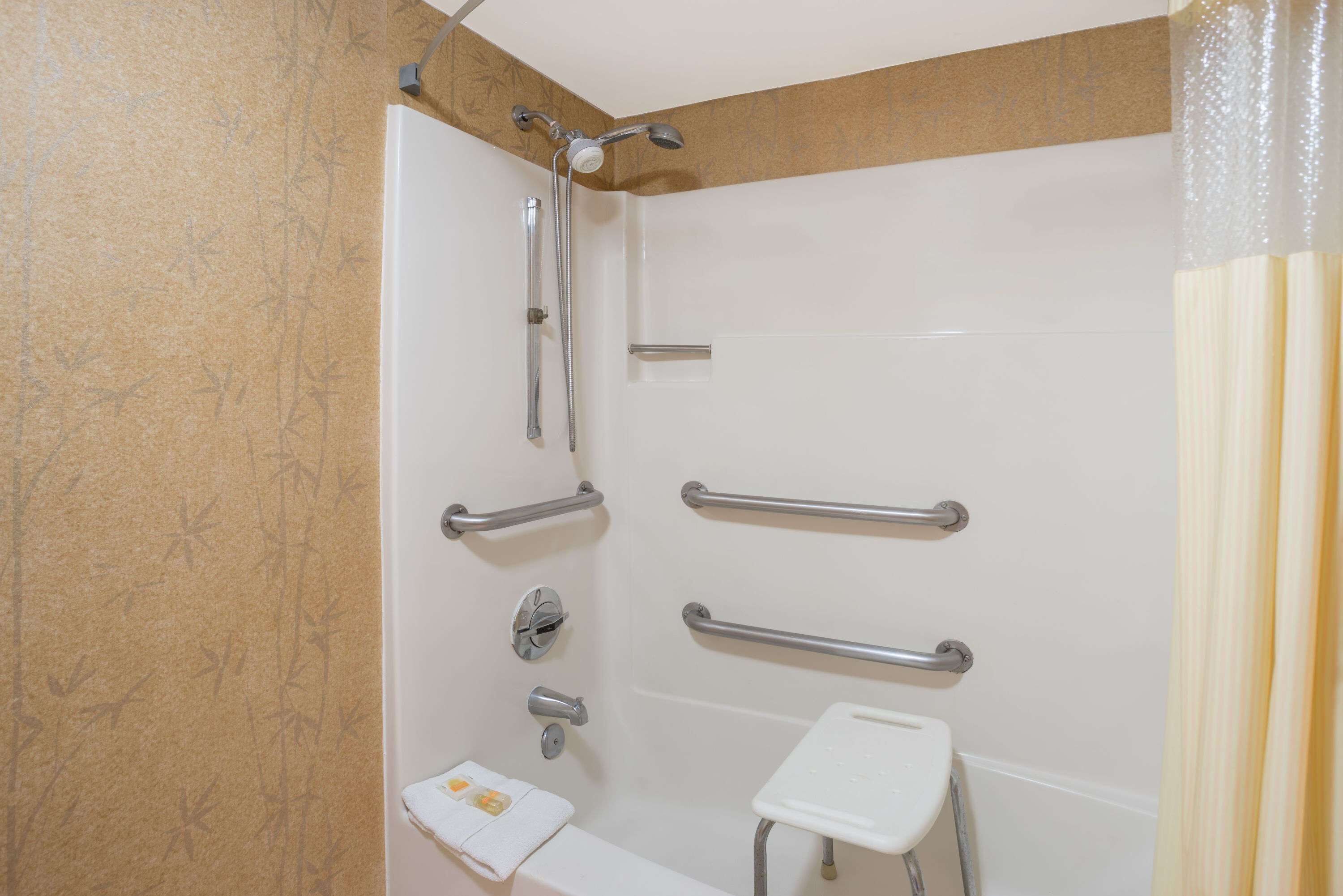 A bathroom with a shower, grab bars, a toilet, and a small sink.