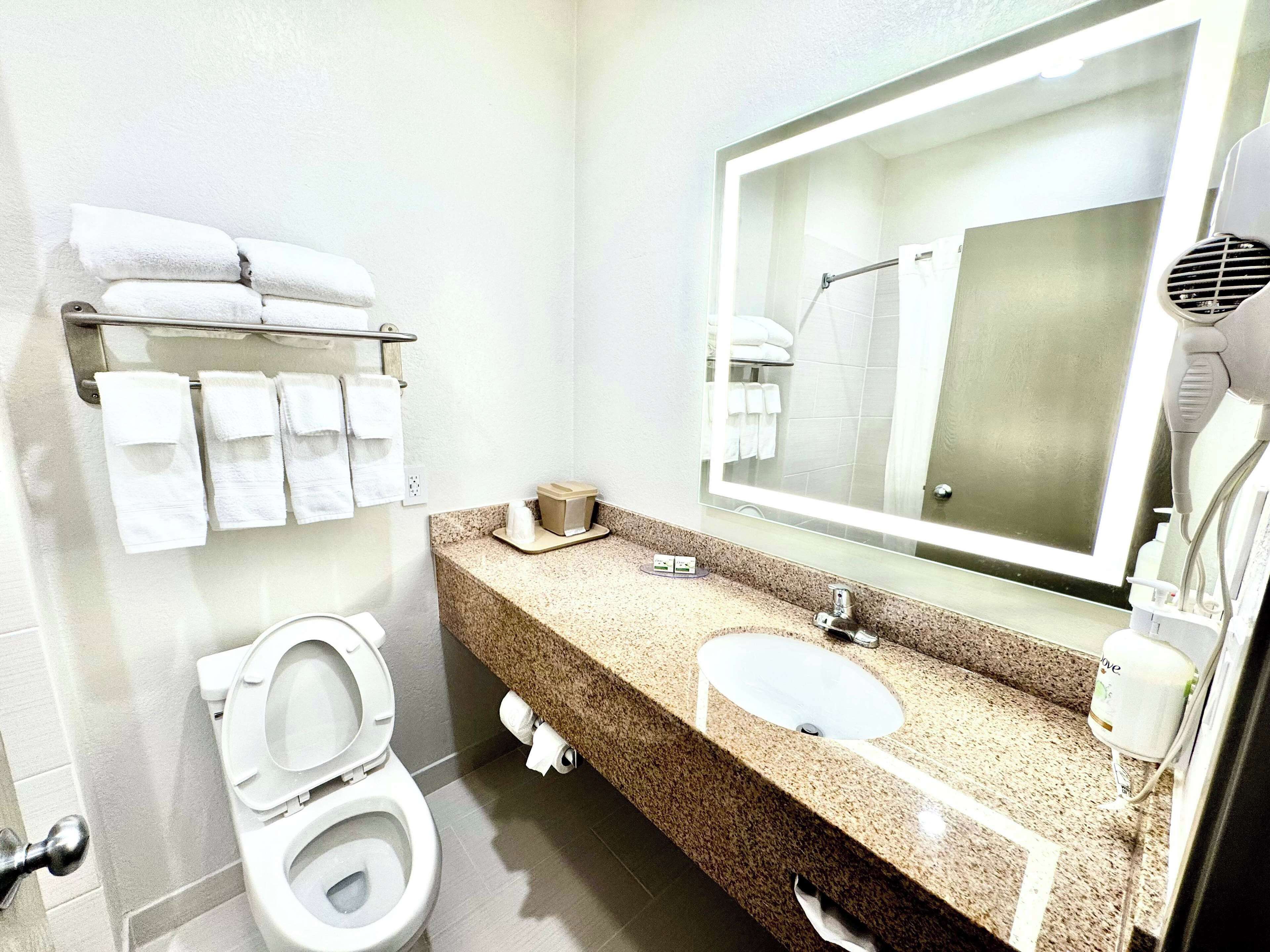 A modern bathroom with a toilet, sink, and large mirror.