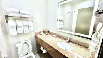A modern bathroom with a toilet, sink, and large mirror.