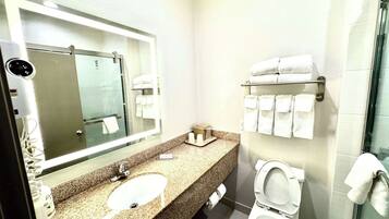 A hotel bathroom with a sink, mirror, toilet, and towel rack.