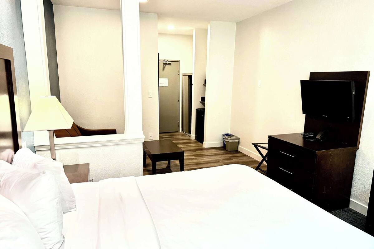 A hotel room with a bed, a desk, a chair, a TV, and a lamp.