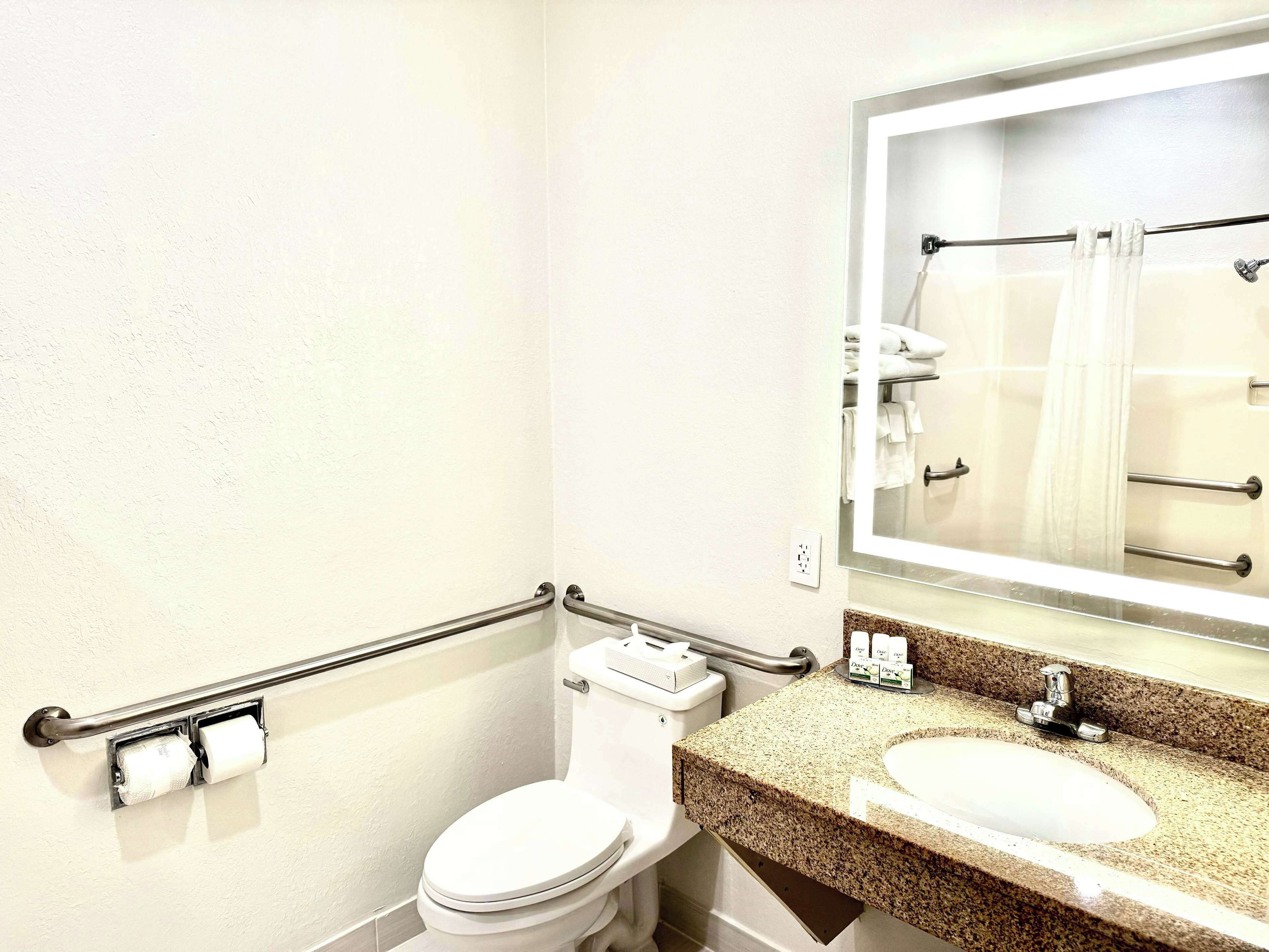 A bathroom with a toilet, sink, and mirror.