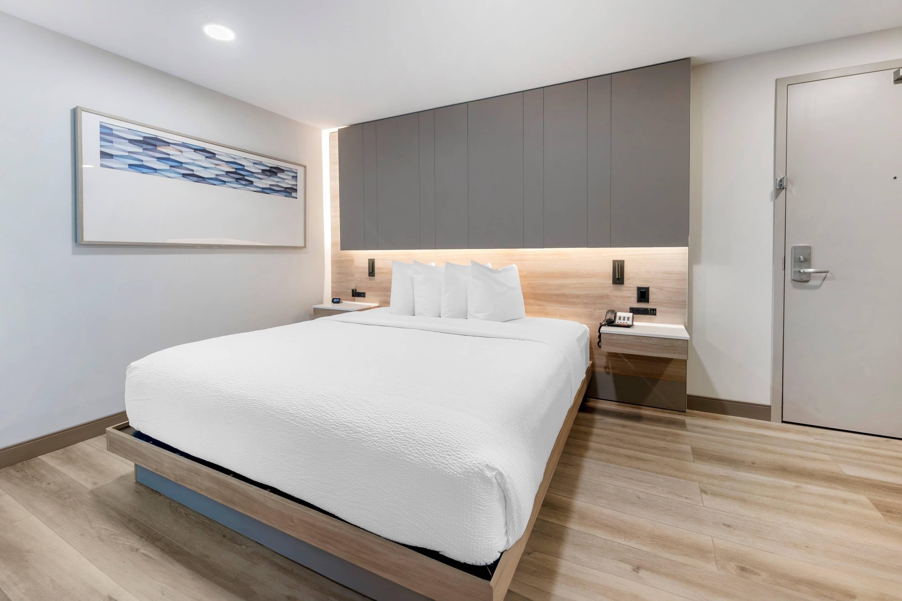A modern bedroom with a large bed, a nightstand, a bedside table, a door, and a wall-mounted artwork.