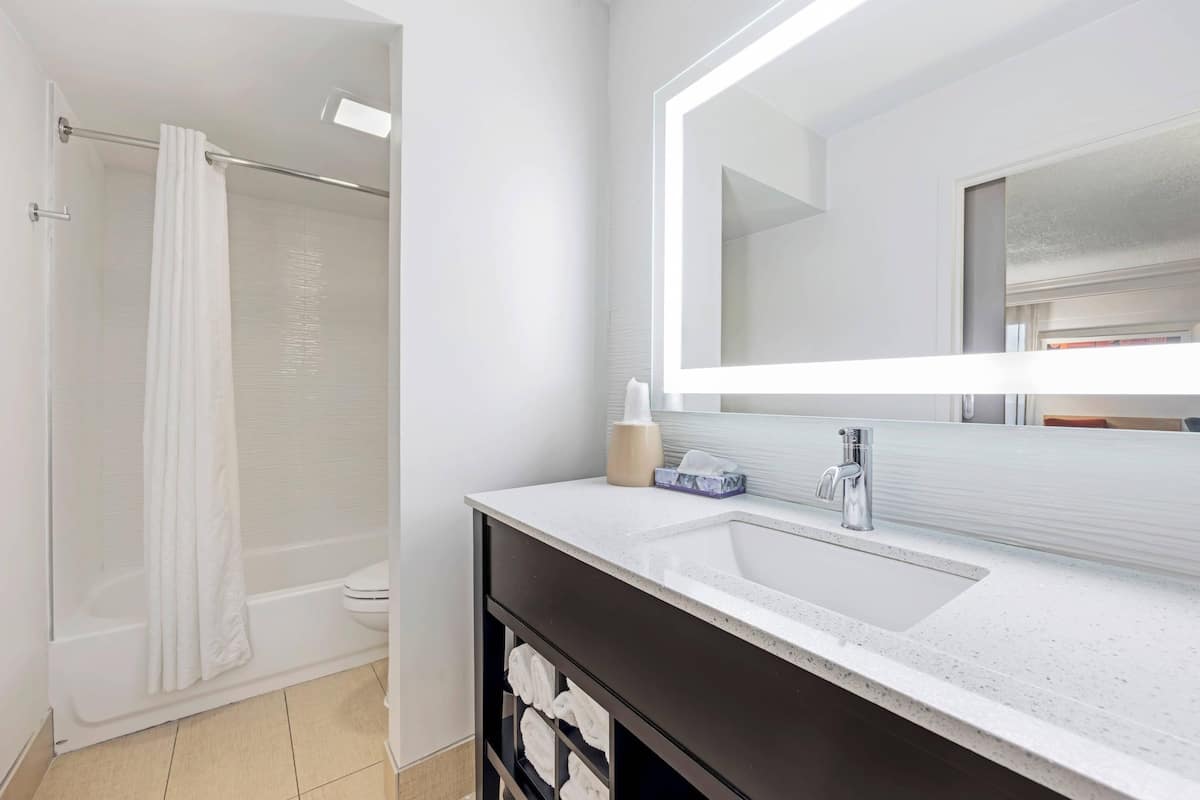 A modern bathroom with a shower, a sink, a mirror, and a towel rack.