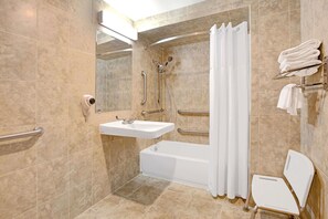 Combined shower/bathtub, hair dryer, towels