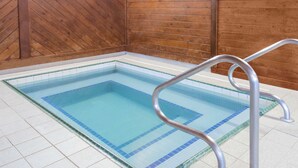 Una piscina rectangular con una escalera metálica, suelo de baldosas y paneles de madera en las paredes.