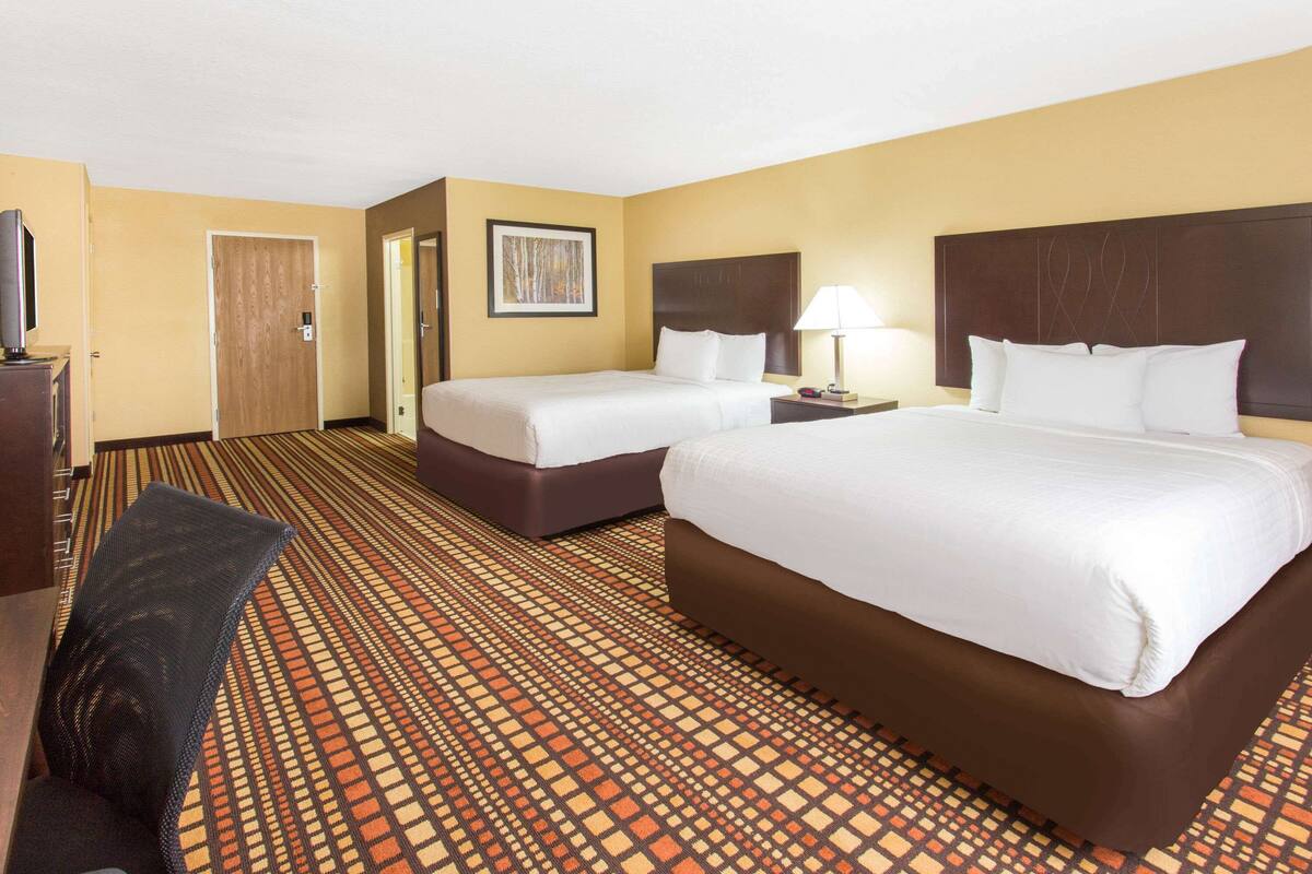 A hotel room with two beds, a desk, a chair, a TV, and a patterned carpet.