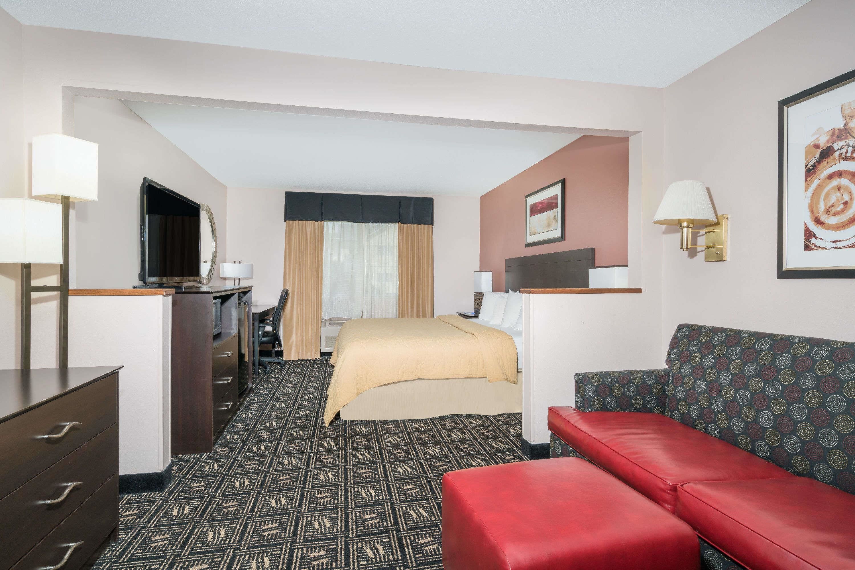 A hotel room with a bed, a sofa, a desk, and a TV.